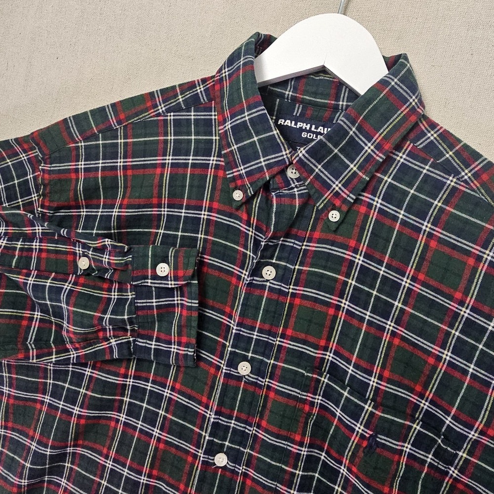 Vintage Ralph Lauren Golf Tilden Mens Medium Green Red Blue Tartan Plaid Flannel